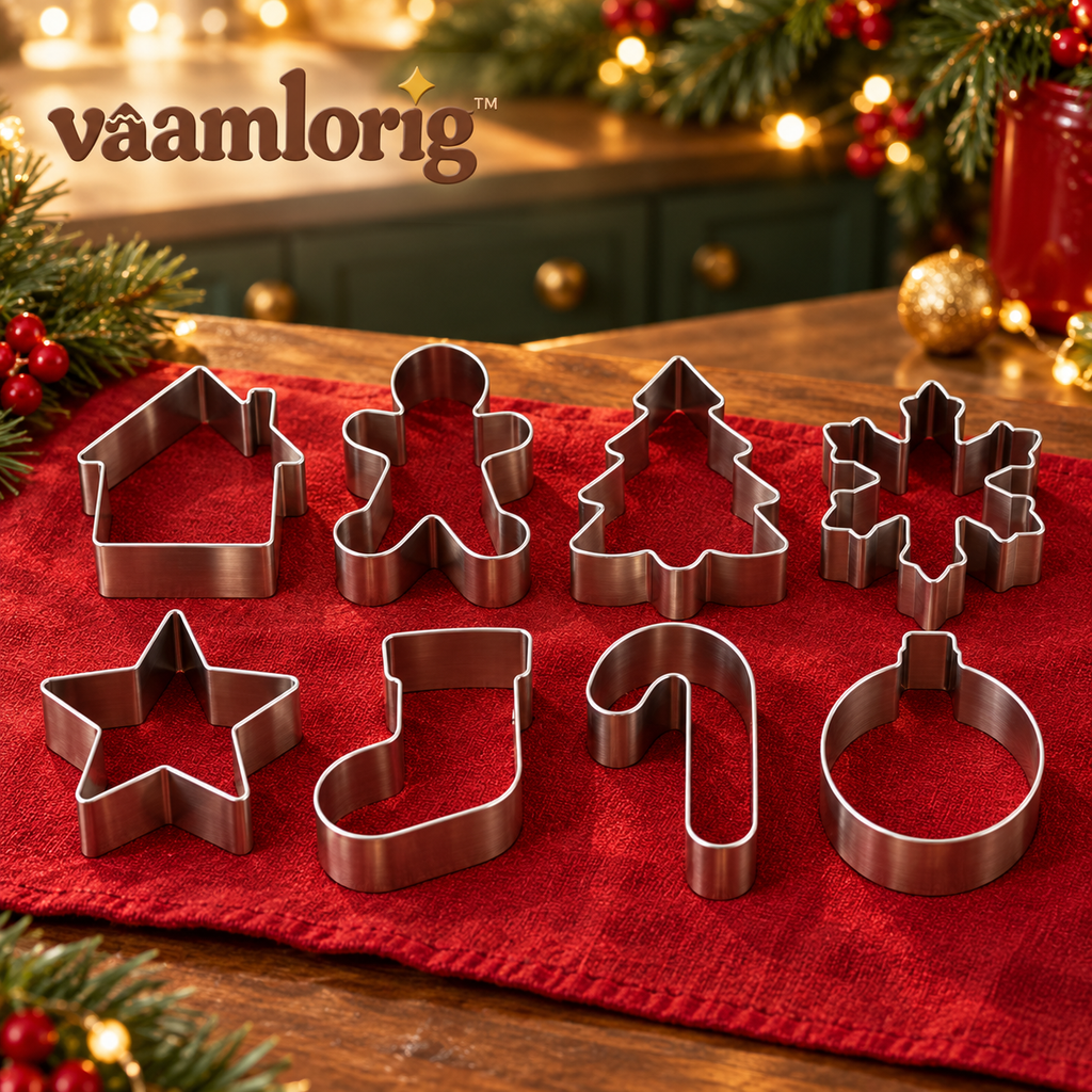 vaamlorig™ 8-Piece Christmas Cookie Cutter Set, Stainless Steel Gingerbread House, Tree & Snowflake Cutters for Holiday Baking