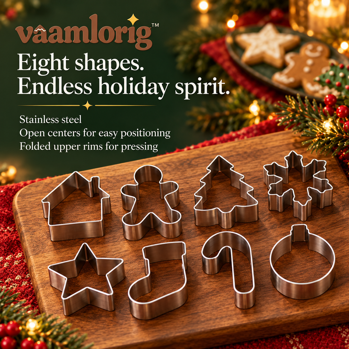 vaamlorig™ 8-Piece Christmas Cookie Cutter Set, Stainless Steel Gingerbread House, Tree & Snowflake Cutters for Holiday Baking