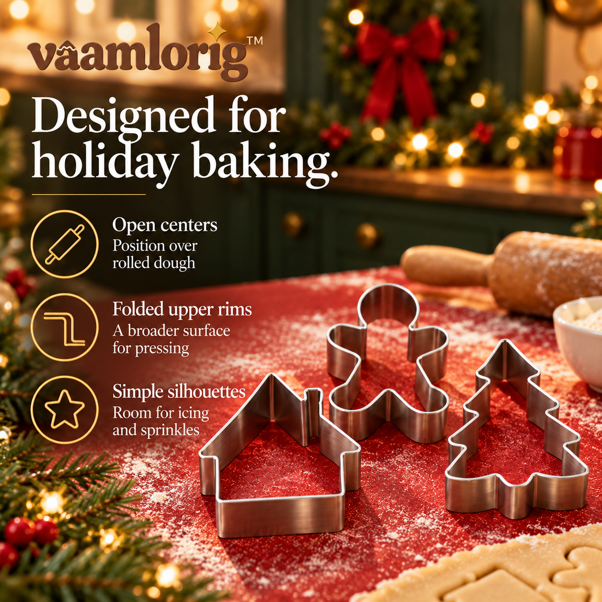 vaamlorig™ 8-Piece Christmas Cookie Cutter Set, Stainless Steel Gingerbread House, Tree & Snowflake Cutters for Holiday Baking