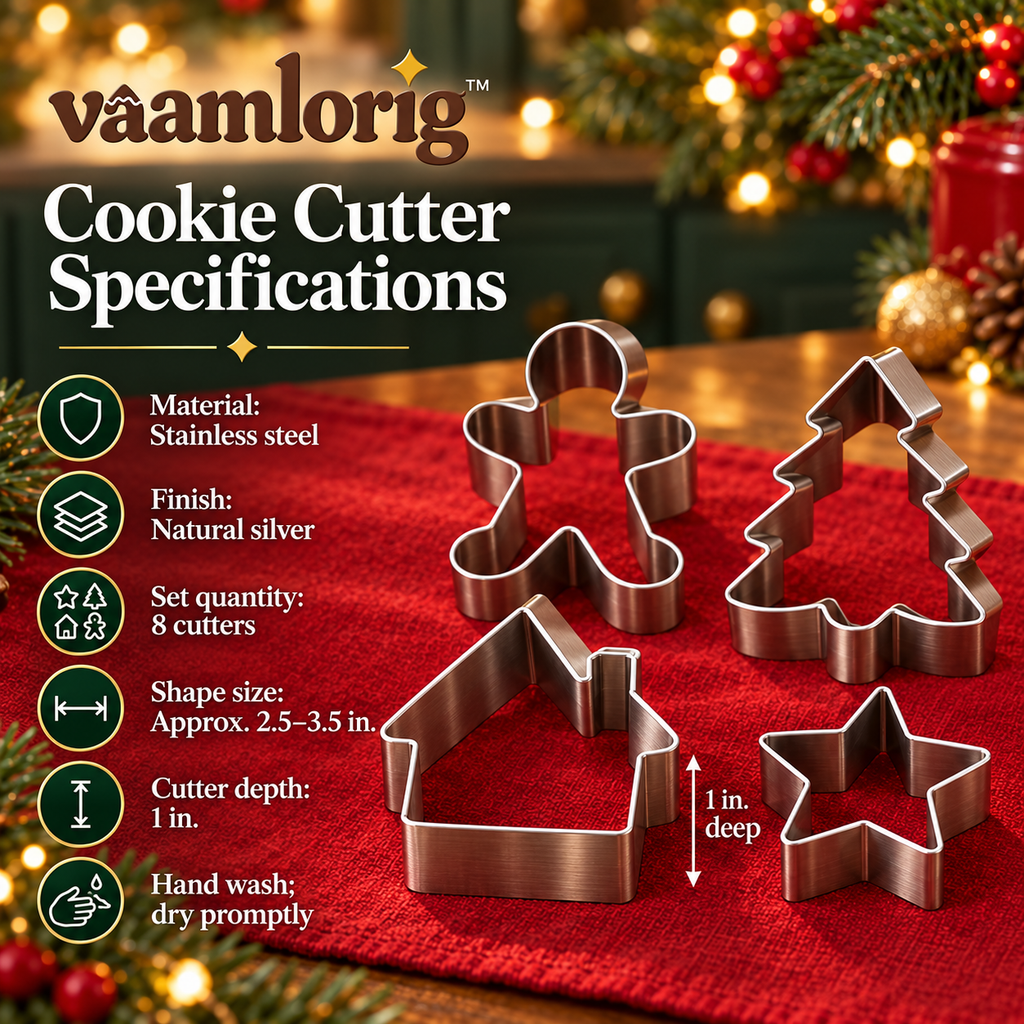 vaamlorig™ 8-Piece Christmas Cookie Cutter Set, Stainless Steel Gingerbread House, Tree & Snowflake Cutters for Holiday Baking