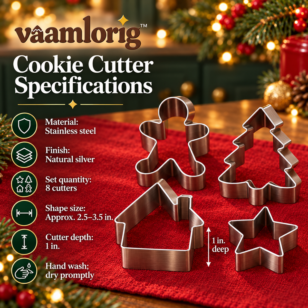 vaamlorig™ 8-Piece Christmas Cookie Cutter Set, Stainless Steel Gingerbread House, Tree & Snowflake Cutters for Holiday Baking