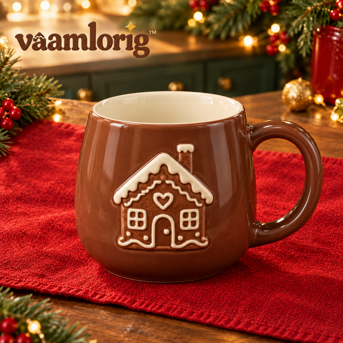vaamlorig™ 14 fl oz Gingerbread Cottage Ceramic Mug, Embossed Christmas Coffee Cup for Hot Chocolate & Tea