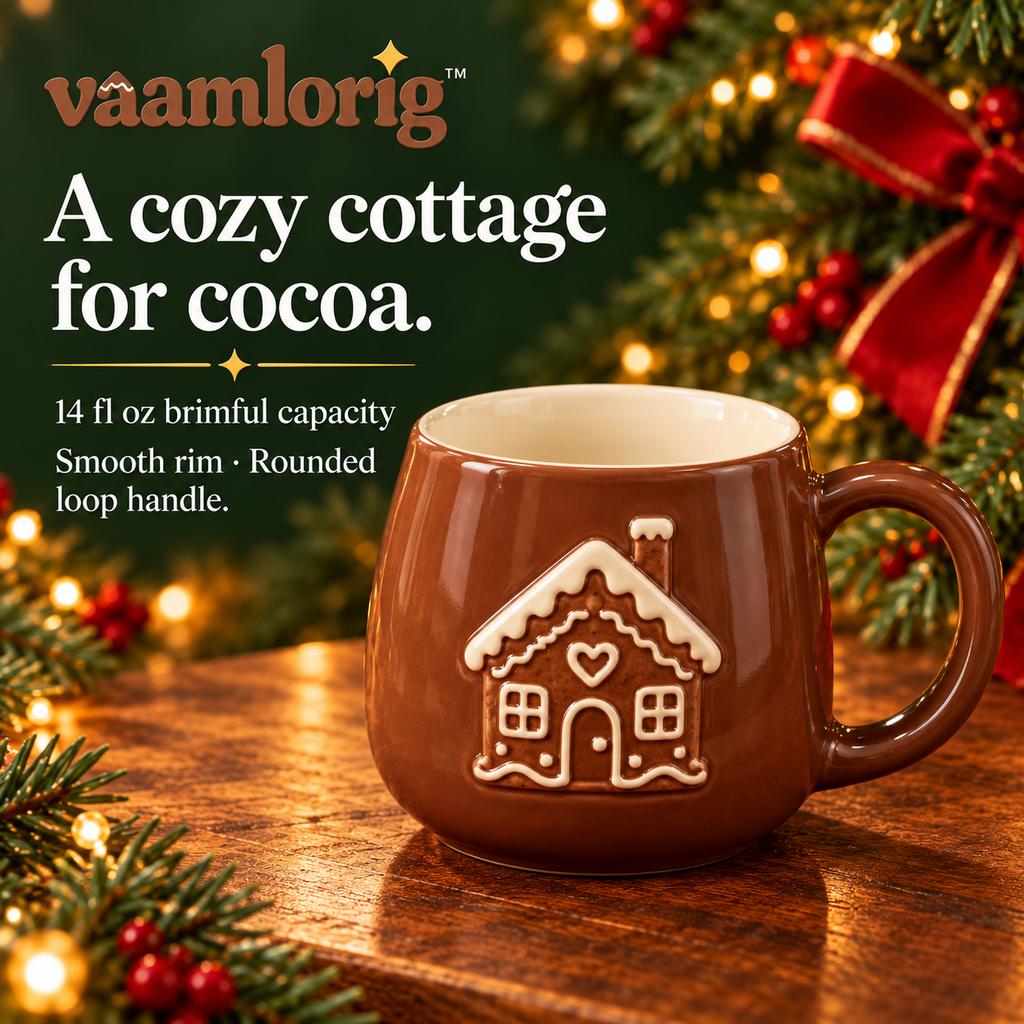 vaamlorig™ 14 fl oz Gingerbread Cottage Ceramic Mug, Embossed Christmas Coffee Cup for Hot Chocolate & Tea