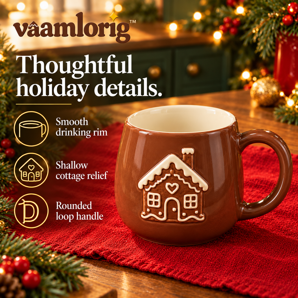 vaamlorig™ 14 fl oz Gingerbread Cottage Ceramic Mug, Embossed Christmas Coffee Cup for Hot Chocolate & Tea