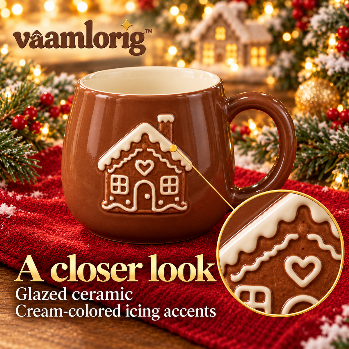 vaamlorig™ 14 fl oz Gingerbread Cottage Ceramic Mug, Embossed Christmas Coffee Cup for Hot Chocolate & Tea