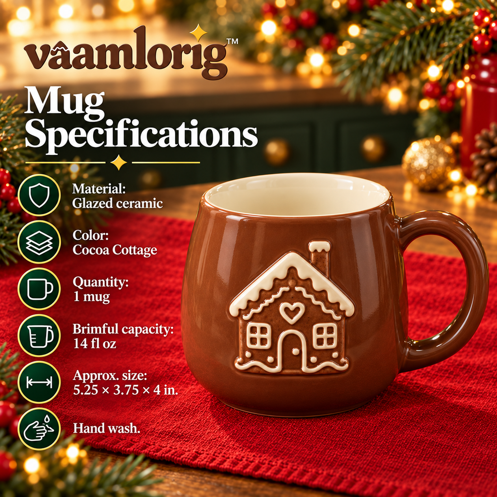 vaamlorig™ 14 fl oz Gingerbread Cottage Ceramic Mug, Embossed Christmas Coffee Cup for Hot Chocolate & Tea
