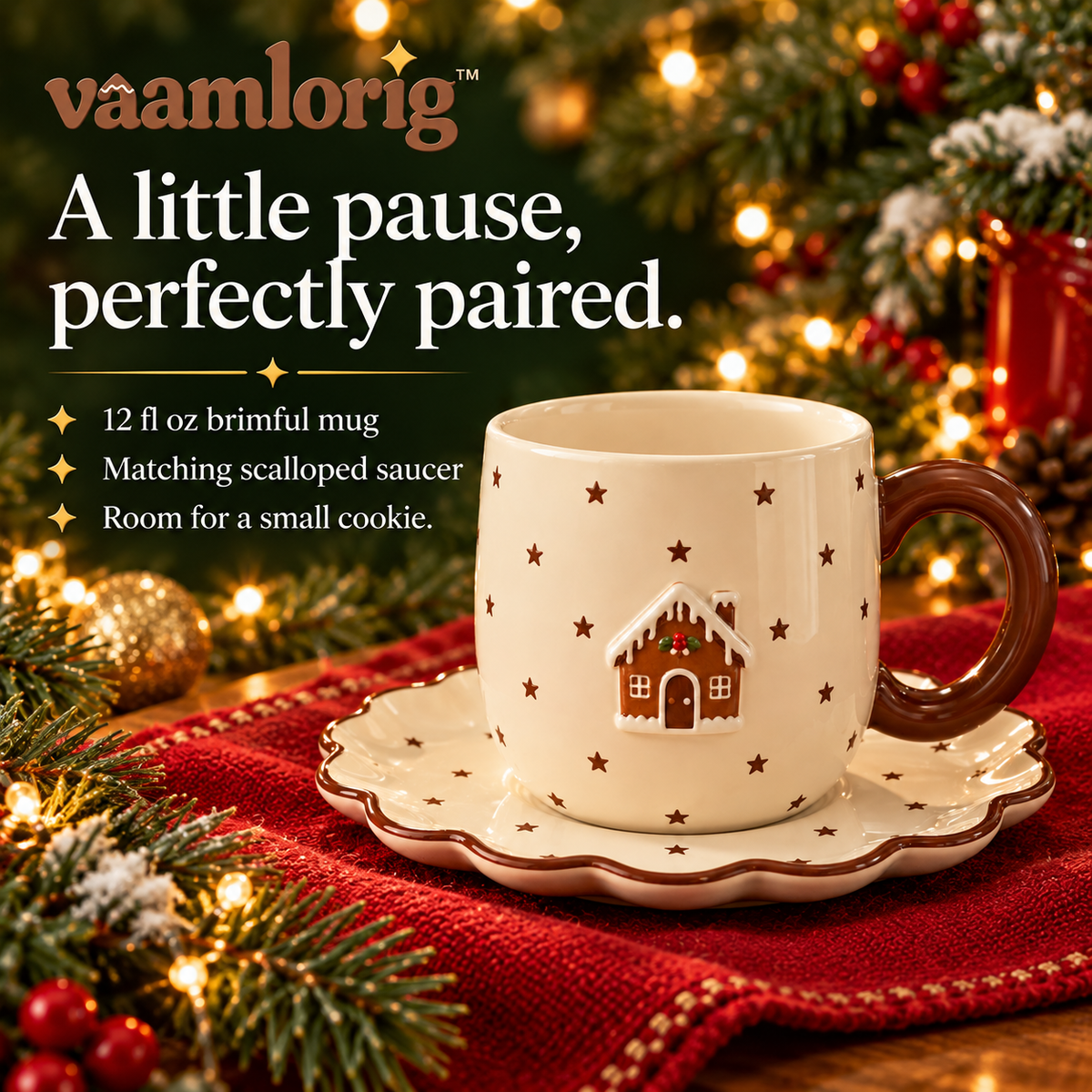 vaamlorig™ 12 fl oz Christmas Mug & Scalloped Saucer Set, Ceramic Hot Cocoa Cup with Cookie Rest Plate