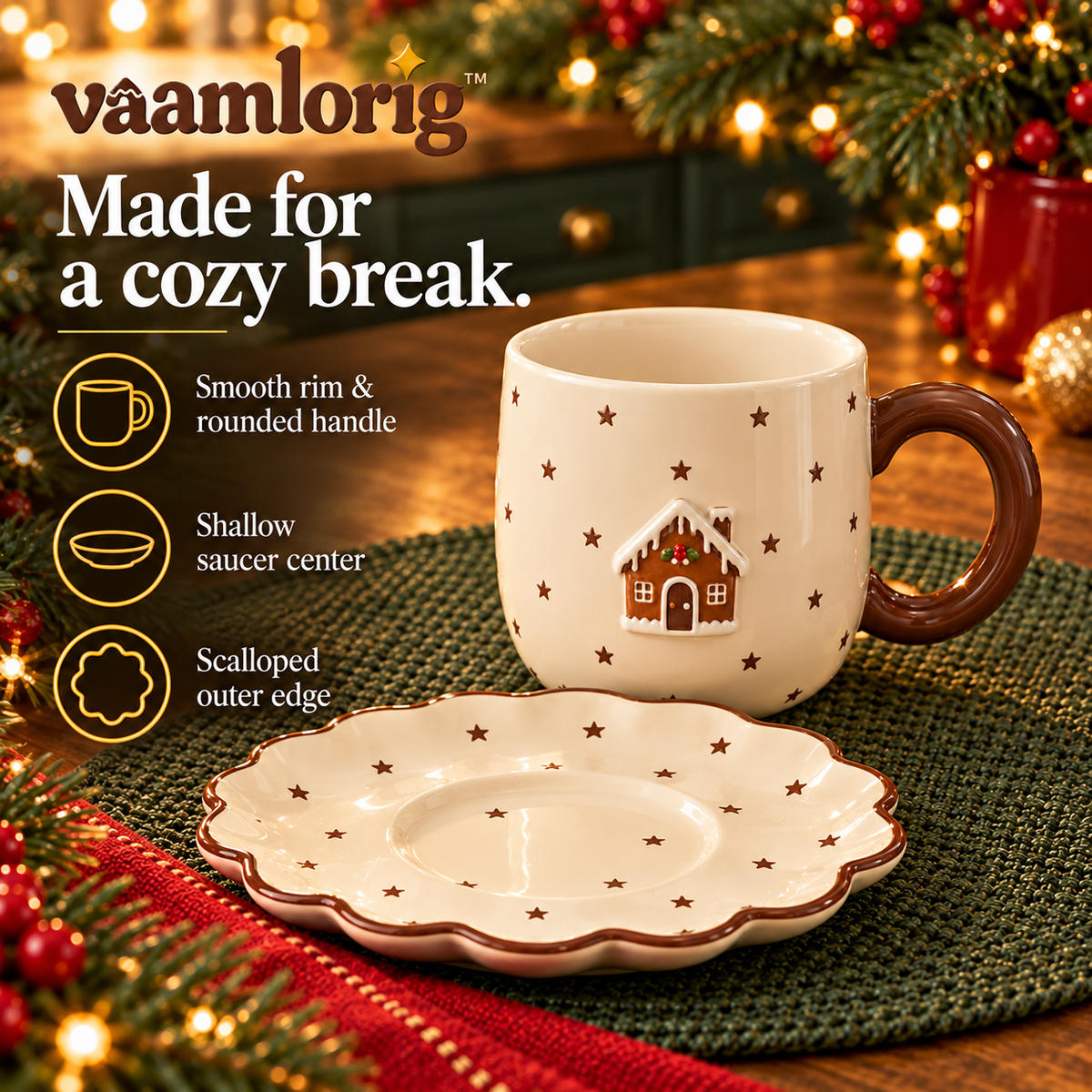 vaamlorig™ 12 fl oz Christmas Mug & Scalloped Saucer Set, Ceramic Hot Cocoa Cup with Cookie Rest Plate