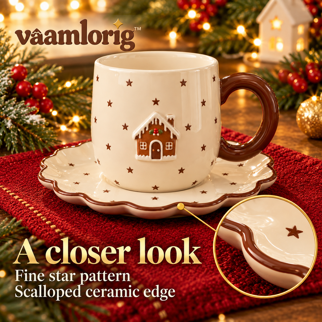 vaamlorig™ 12 fl oz Christmas Mug & Scalloped Saucer Set, Ceramic Hot Cocoa Cup with Cookie Rest Plate