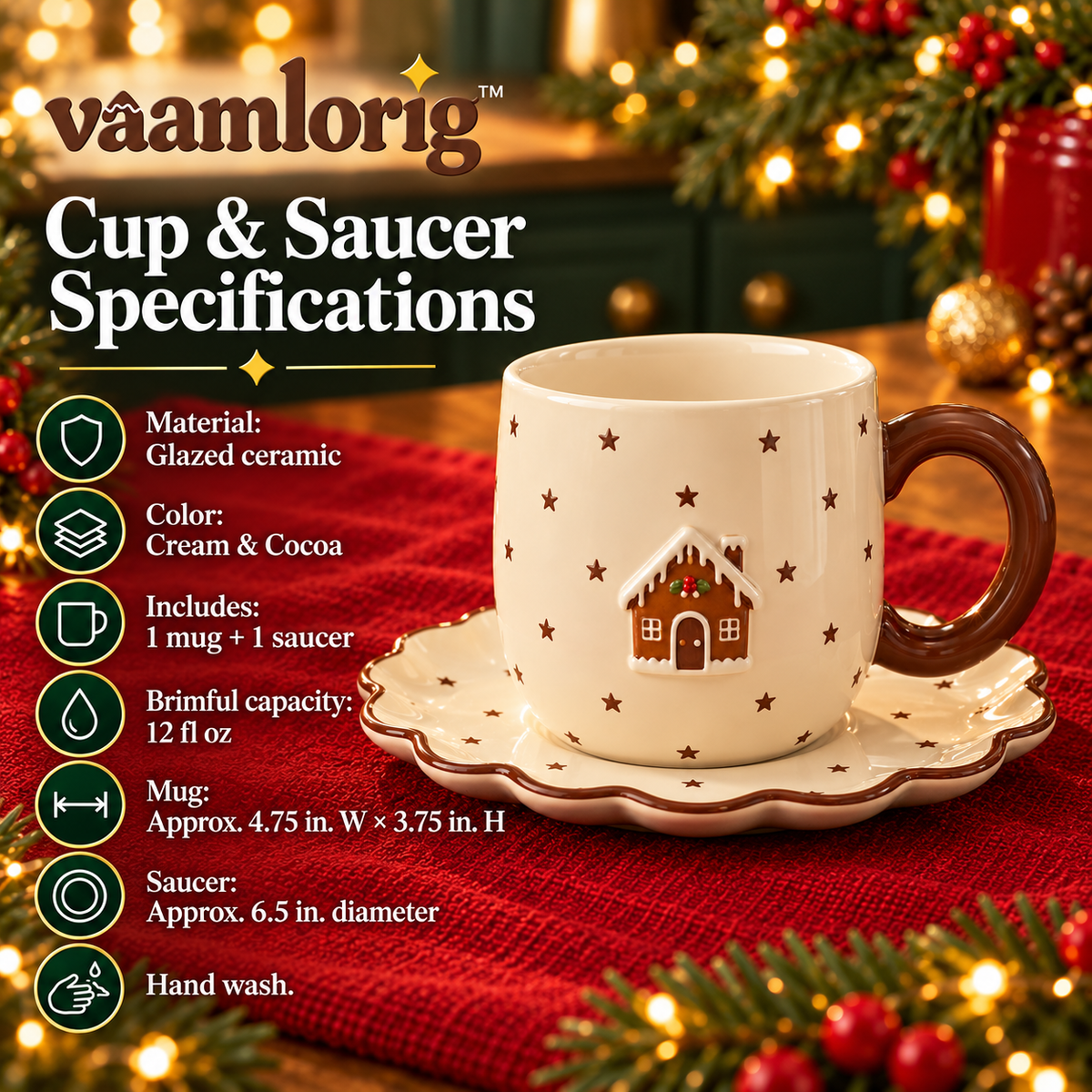 vaamlorig™ 12 fl oz Christmas Mug & Scalloped Saucer Set, Ceramic Hot Cocoa Cup with Cookie Rest Plate