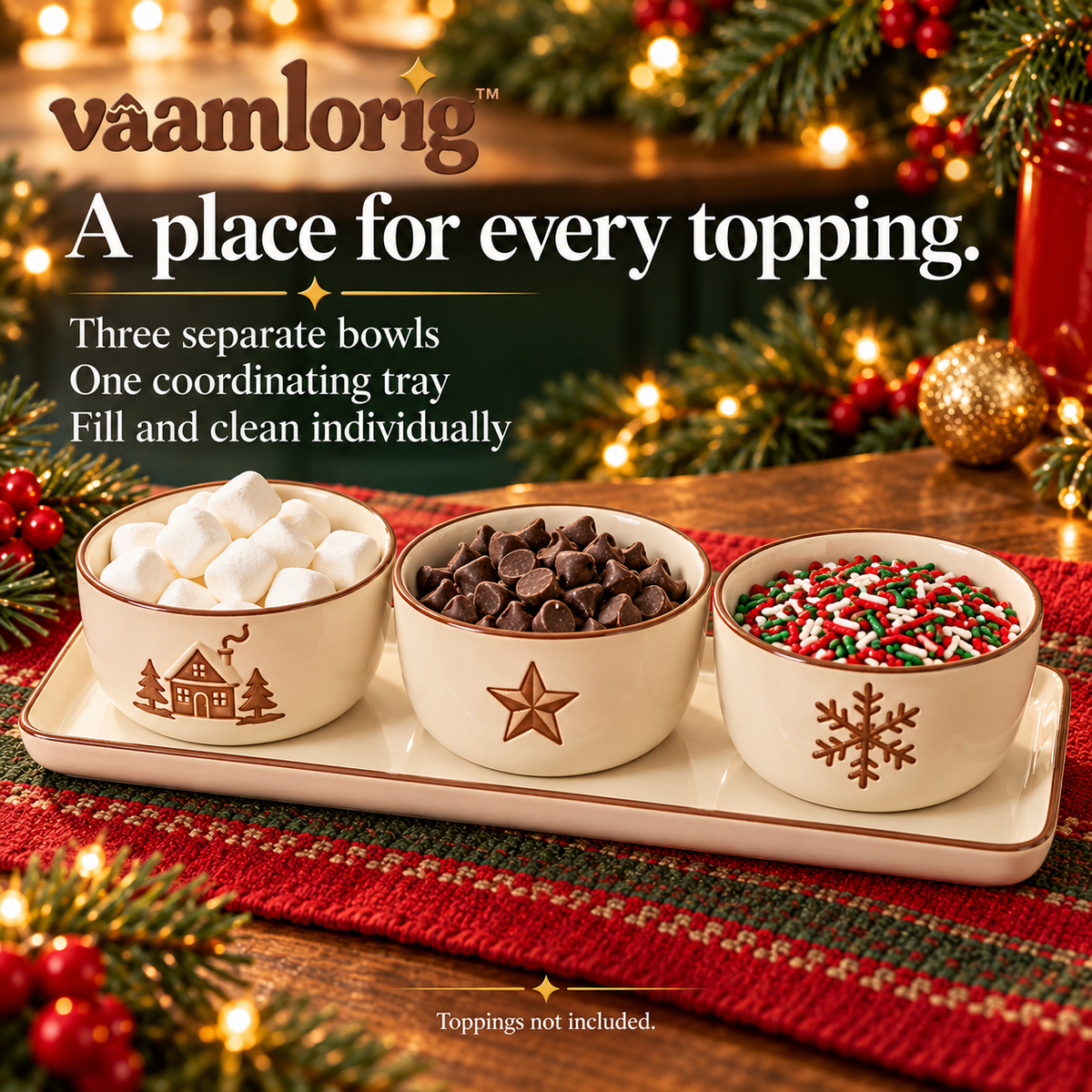 vaamlorig™ 4-Piece Hot Cocoa Bar Topping Bowl & Serving Tray Set, Ceramic Marshmallow, Chocolate & Sprinkle Dishes