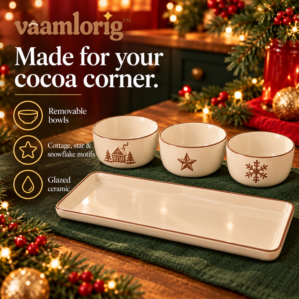 vaamlorig™ 4-Piece Hot Cocoa Bar Topping Bowl & Serving Tray Set, Ceramic Marshmallow, Chocolate & Sprinkle Dishes