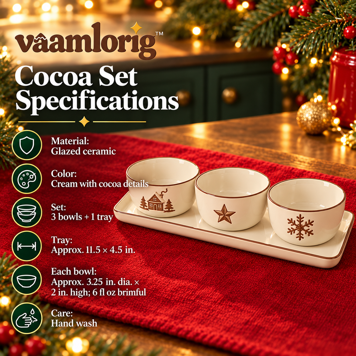 vaamlorig™ 4-Piece Hot Cocoa Bar Topping Bowl & Serving Tray Set, Ceramic Marshmallow, Chocolate & Sprinkle Dishes