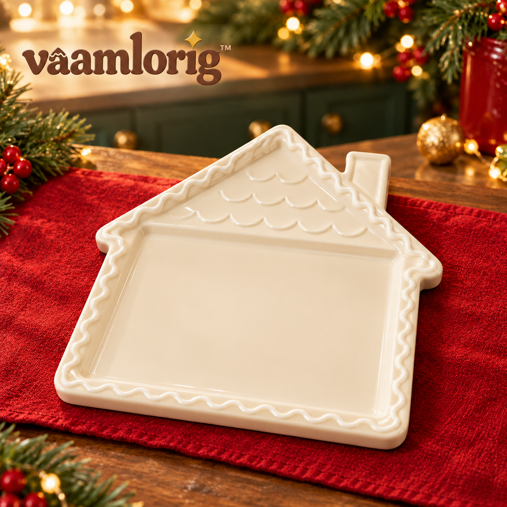 vaamlorig™ 12-Inch Gingerbread House Ceramic Serving Platter, Christmas Cookie Tray for Holiday Desserts & Snacks