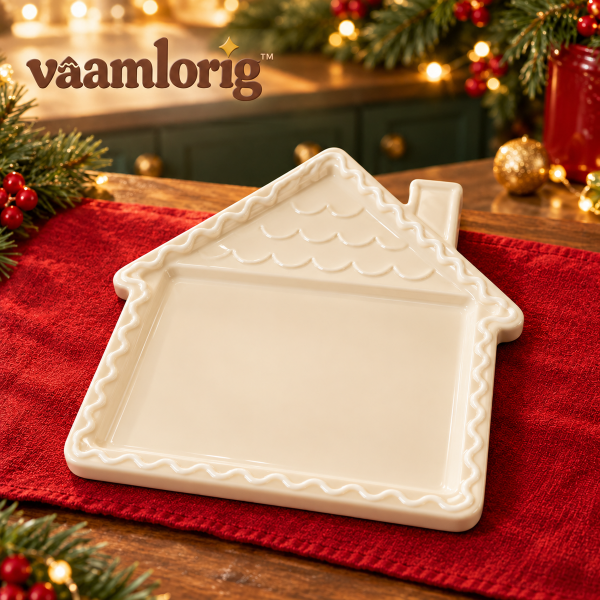 vaamlorig™ 12-Inch Gingerbread House Ceramic Serving Platter, Christmas Cookie Tray for Holiday Desserts & Snacks