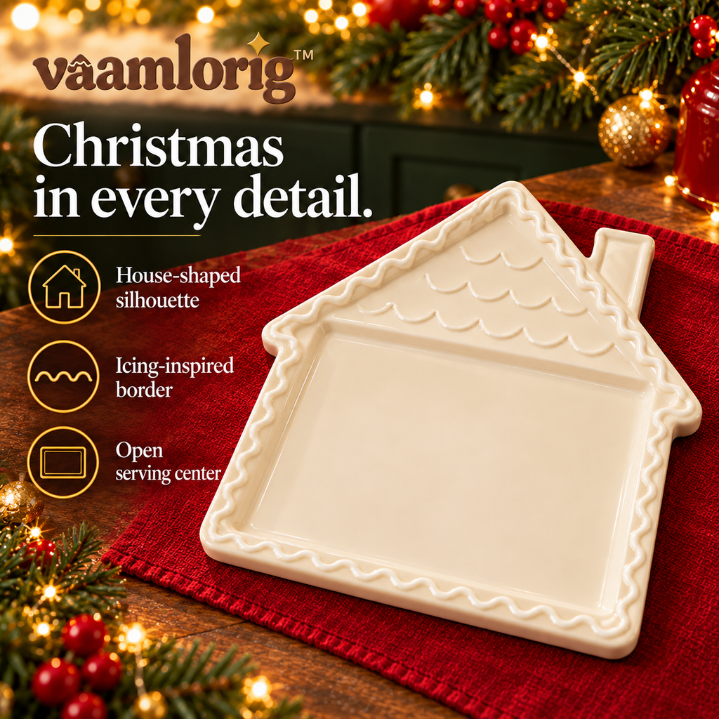 vaamlorig™ 12-Inch Gingerbread House Ceramic Serving Platter, Christmas Cookie Tray for Holiday Desserts & Snacks