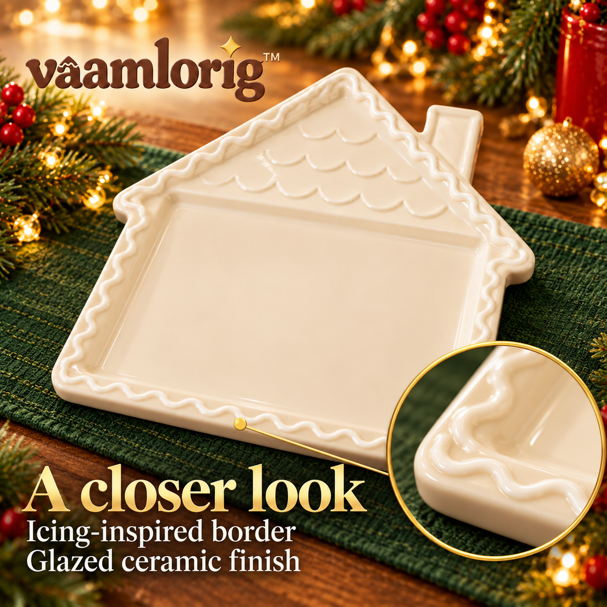 vaamlorig™ 12-Inch Gingerbread House Ceramic Serving Platter, Christmas Cookie Tray for Holiday Desserts & Snacks