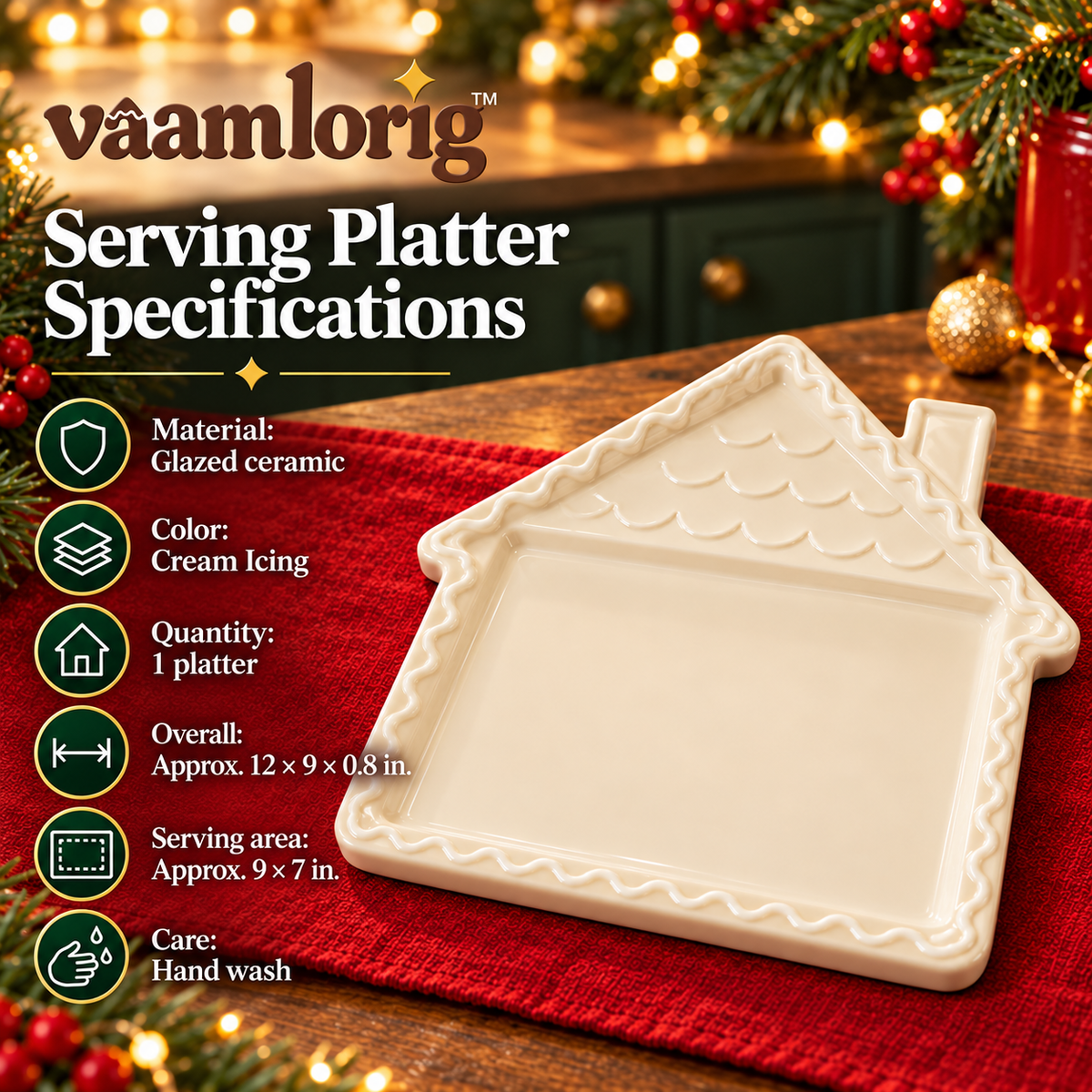 vaamlorig™ 12-Inch Gingerbread House Ceramic Serving Platter, Christmas Cookie Tray for Holiday Desserts & Snacks
