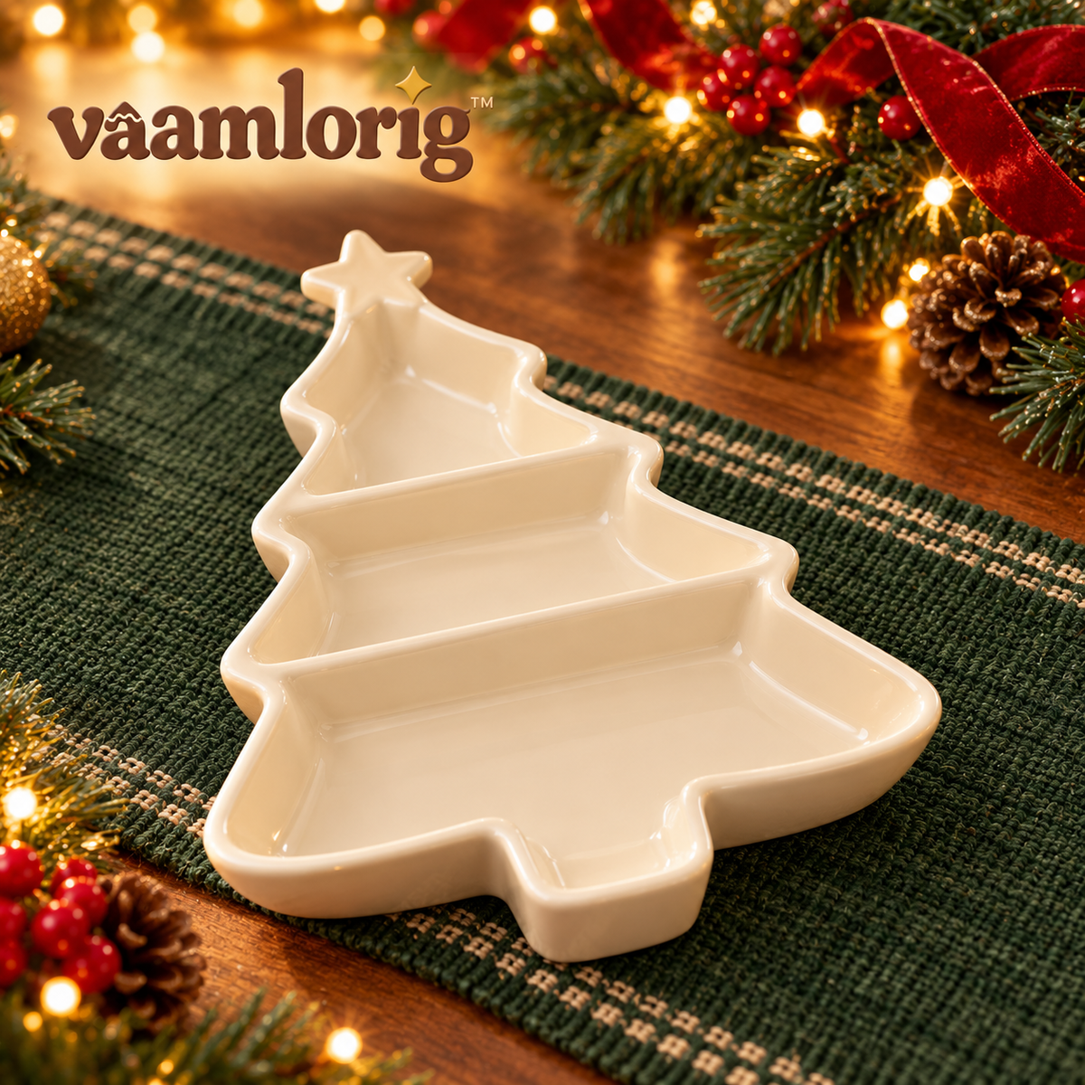 vaamlorig™ Christmas Tree Ceramic Divided Serving Dish, 3-Section Holiday Snack Tray for Candy, Nuts & Appetizers