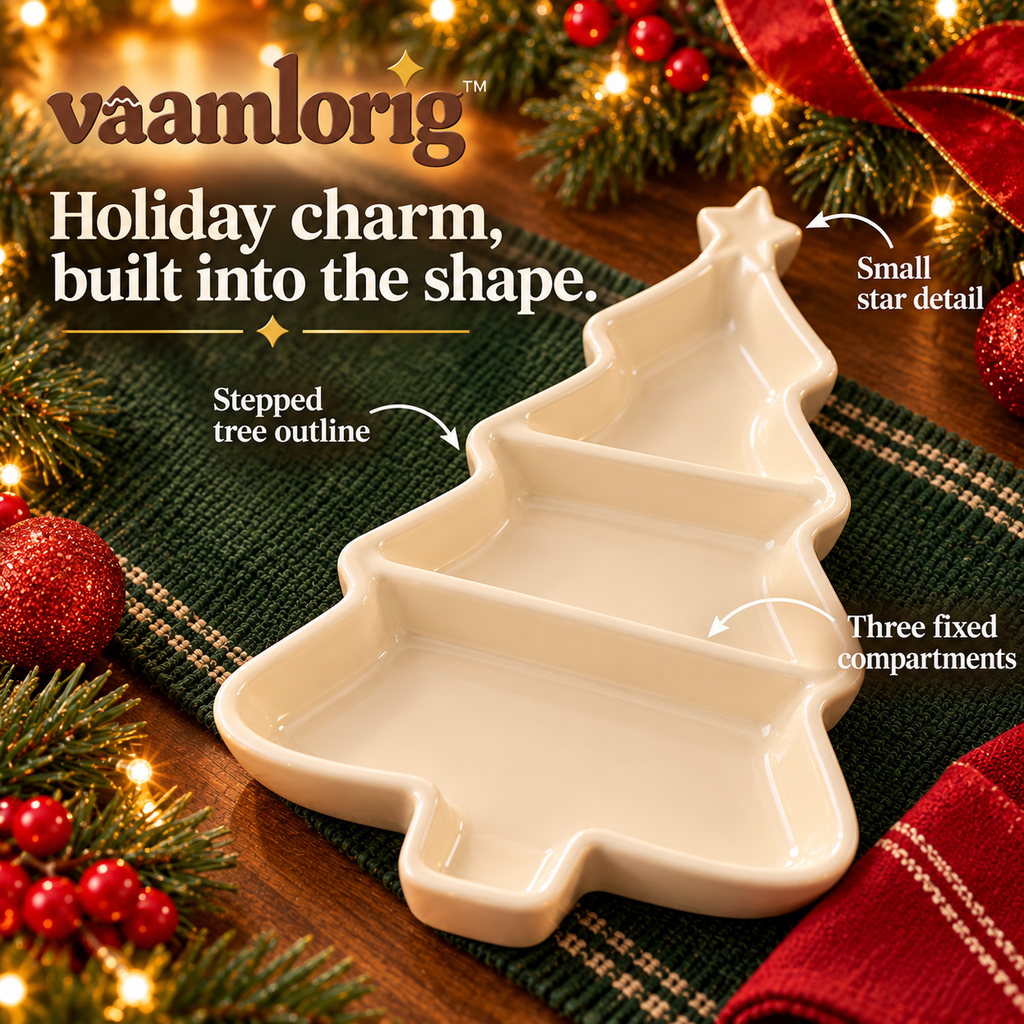vaamlorig™ Christmas Tree Ceramic Divided Serving Dish, 3-Section Holiday Snack Tray for Candy, Nuts & Appetizers