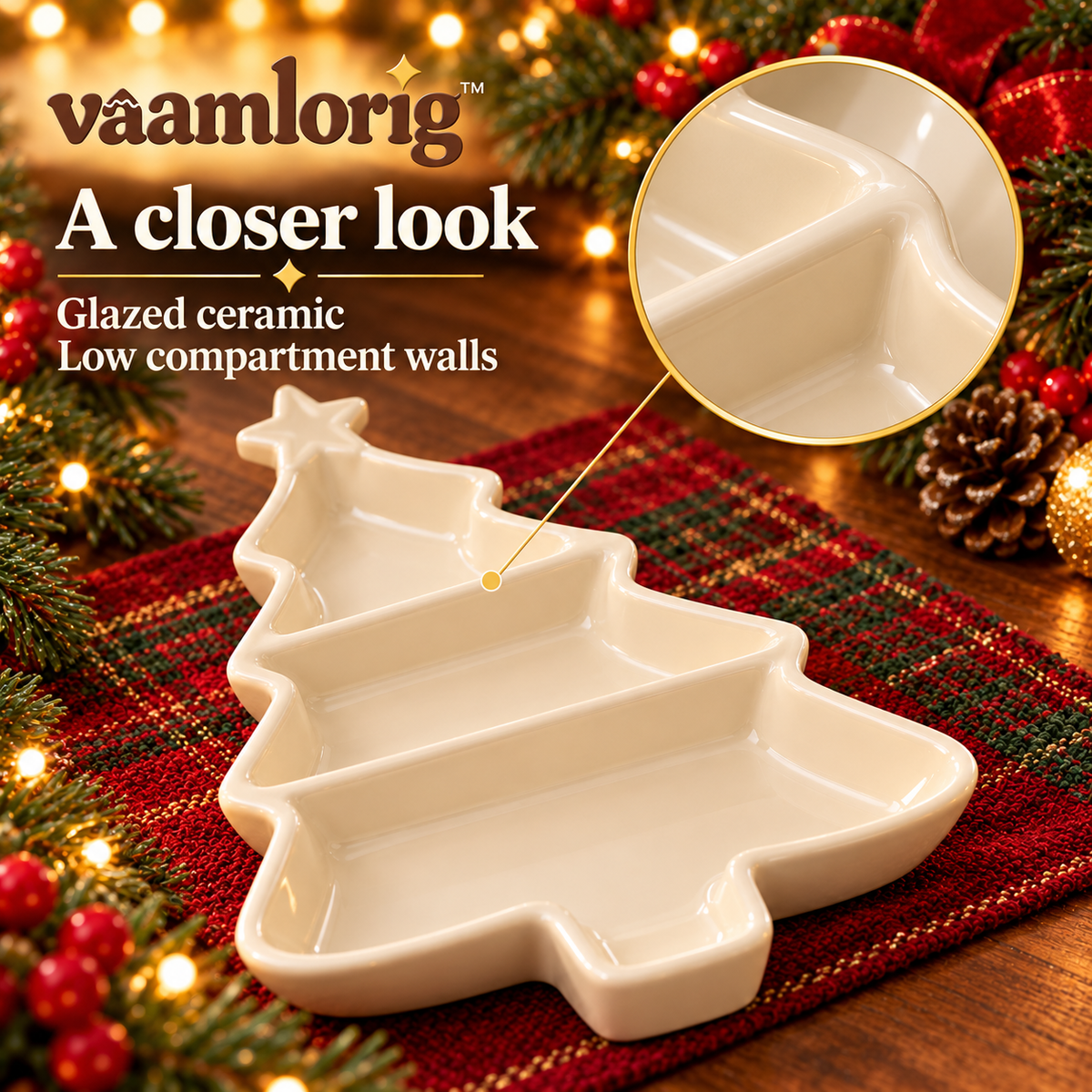 vaamlorig™ Christmas Tree Ceramic Divided Serving Dish, 3-Section Holiday Snack Tray for Candy, Nuts & Appetizers