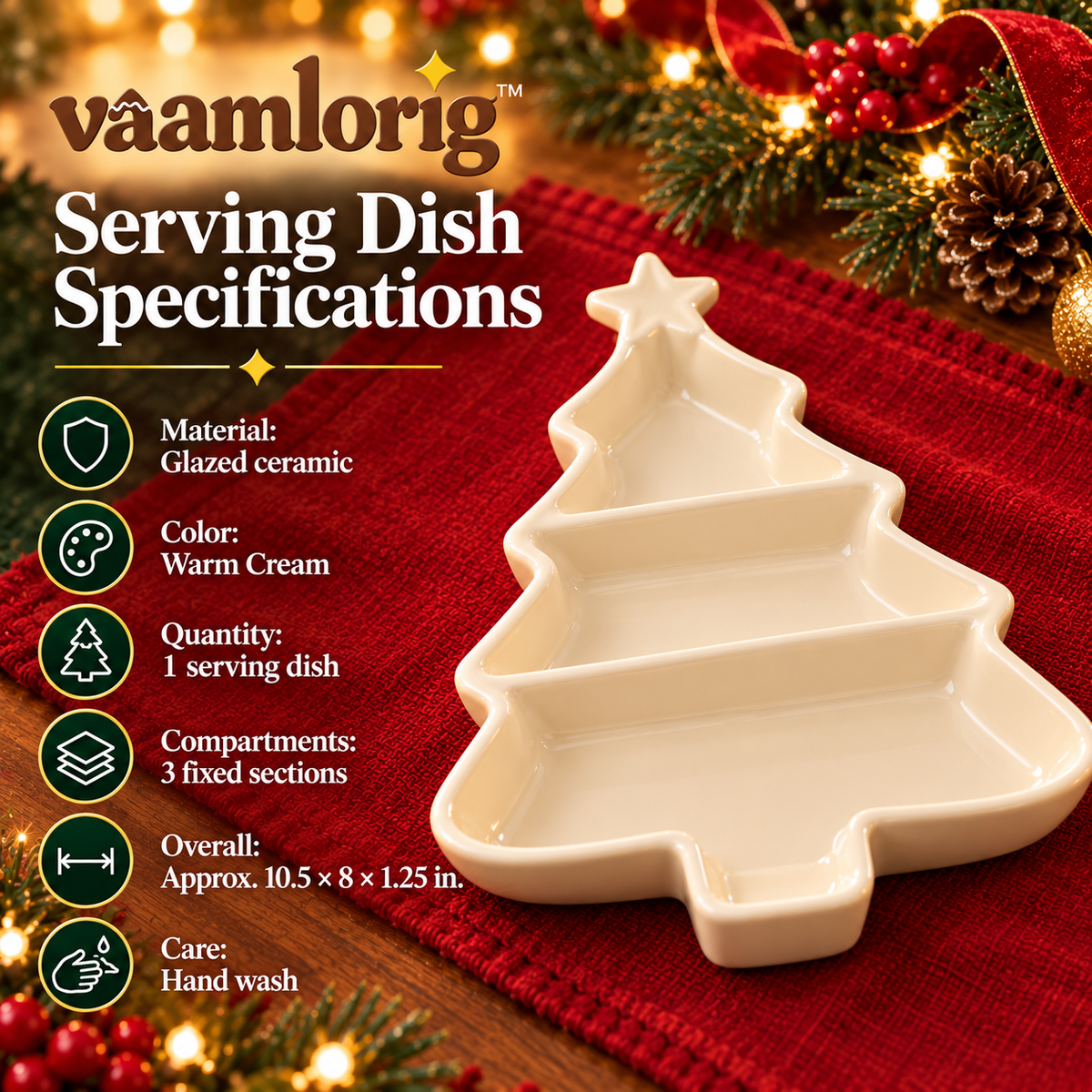 vaamlorig™ Christmas Tree Ceramic Divided Serving Dish, 3-Section Holiday Snack Tray for Candy, Nuts & Appetizers
