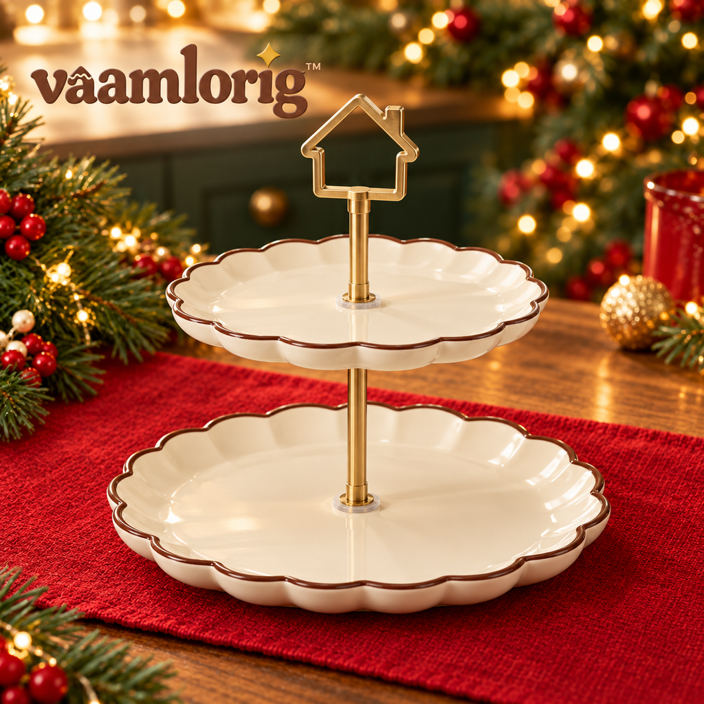 vaamlorig™ 2-Tier Christmas Dessert Stand, Ceramic Cookie & Cupcake Serving Tower with Gingerbread House Handle