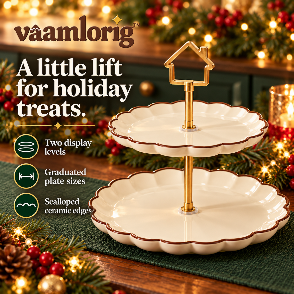 vaamlorig™ 2-Tier Christmas Dessert Stand, Ceramic Cookie & Cupcake Serving Tower with Gingerbread House Handle