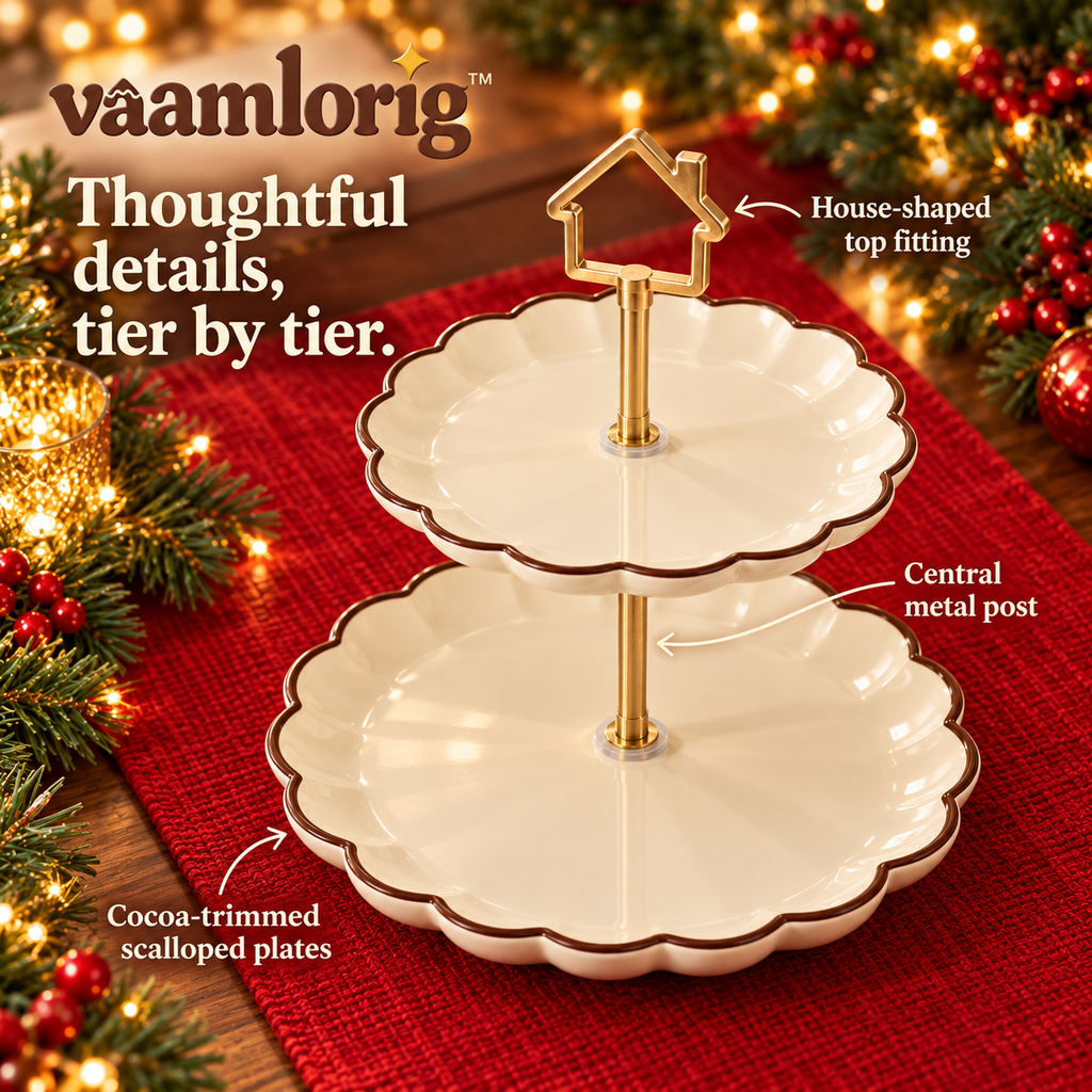vaamlorig™ 2-Tier Christmas Dessert Stand, Ceramic Cookie & Cupcake Serving Tower with Gingerbread House Handle