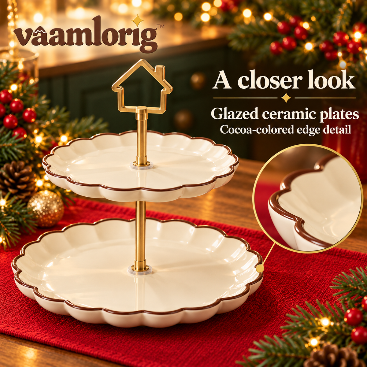vaamlorig™ 2-Tier Christmas Dessert Stand, Ceramic Cookie & Cupcake Serving Tower with Gingerbread House Handle