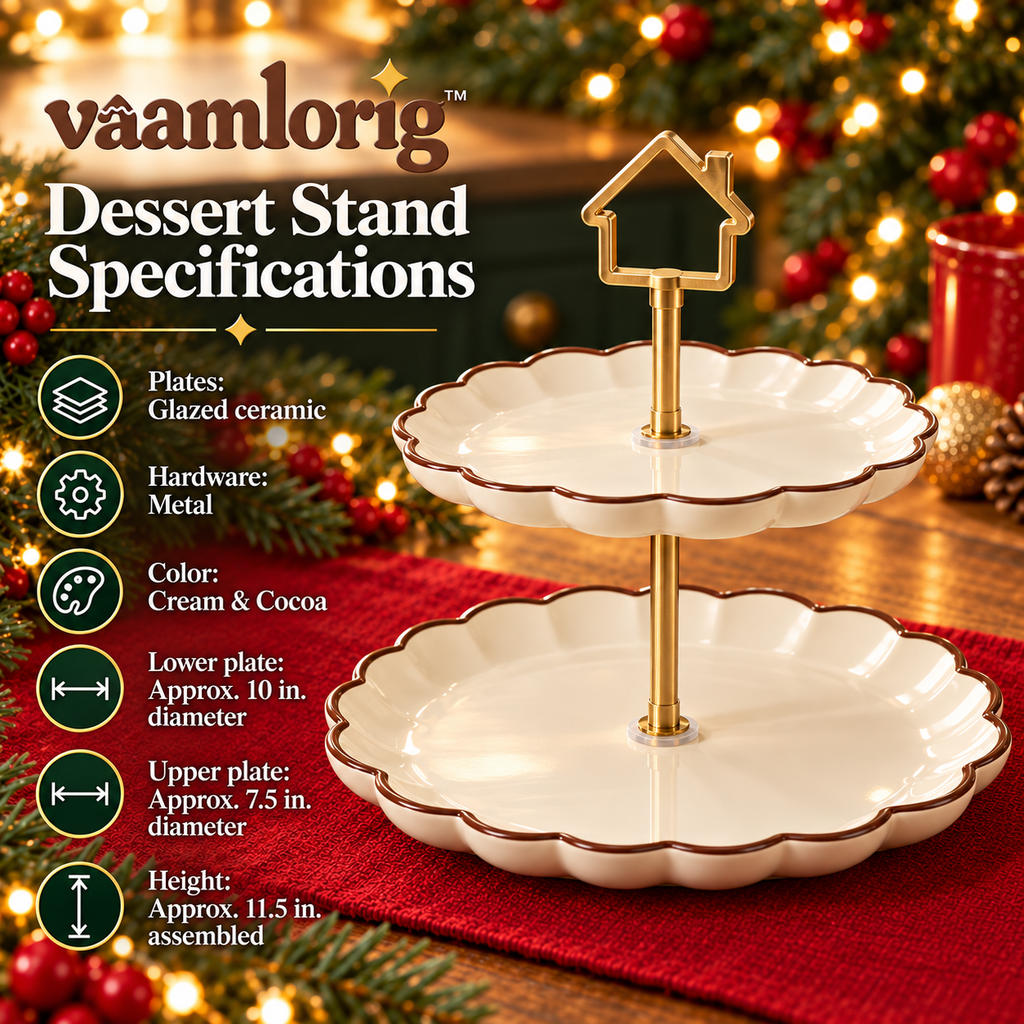vaamlorig™ 2-Tier Christmas Dessert Stand, Ceramic Cookie & Cupcake Serving Tower with Gingerbread House Handle
