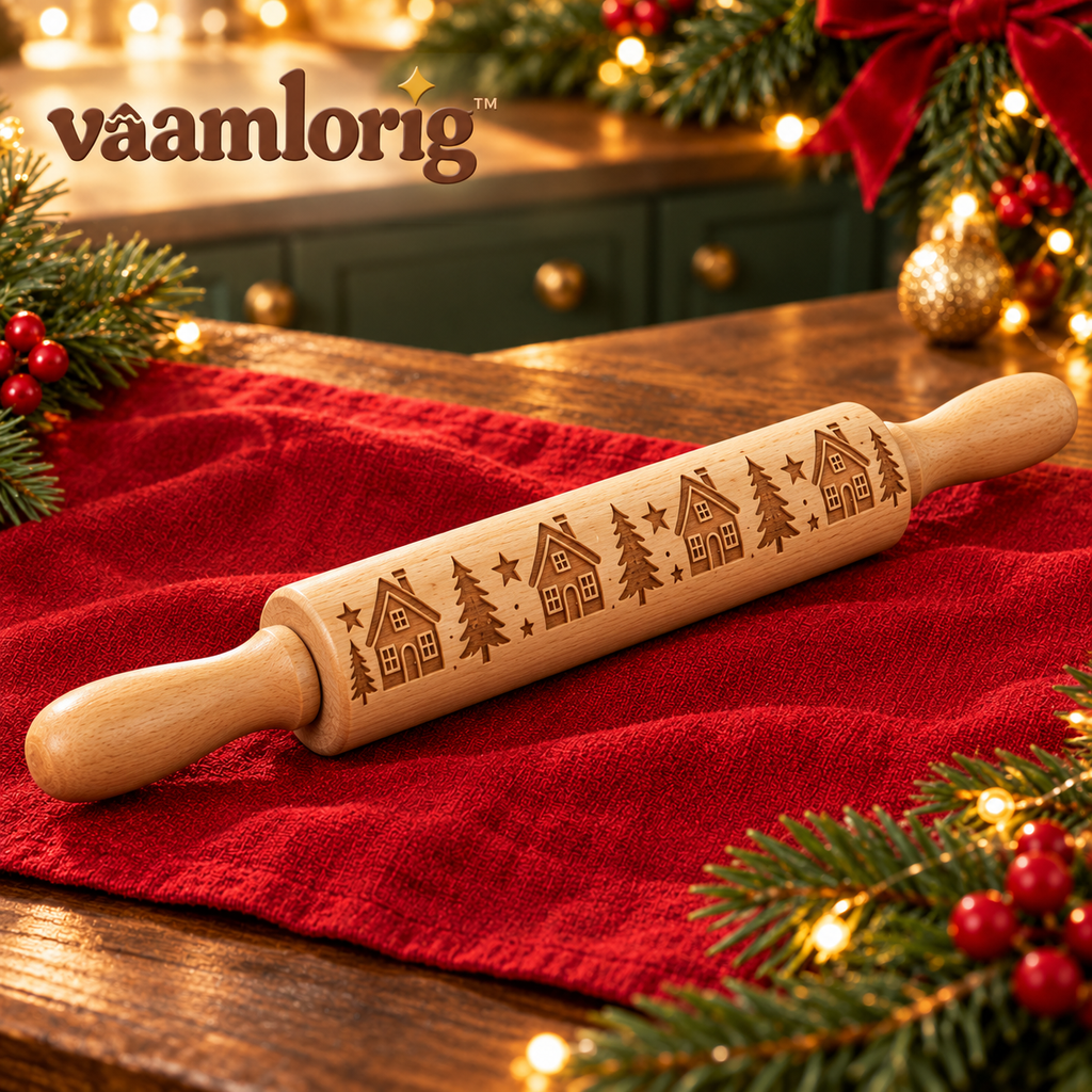 vaamlorig™ Gingerbread Village Embossed Wooden Rolling Pin, 14-Inch Christmas Cookie Dough Roller with House & Star Pattern