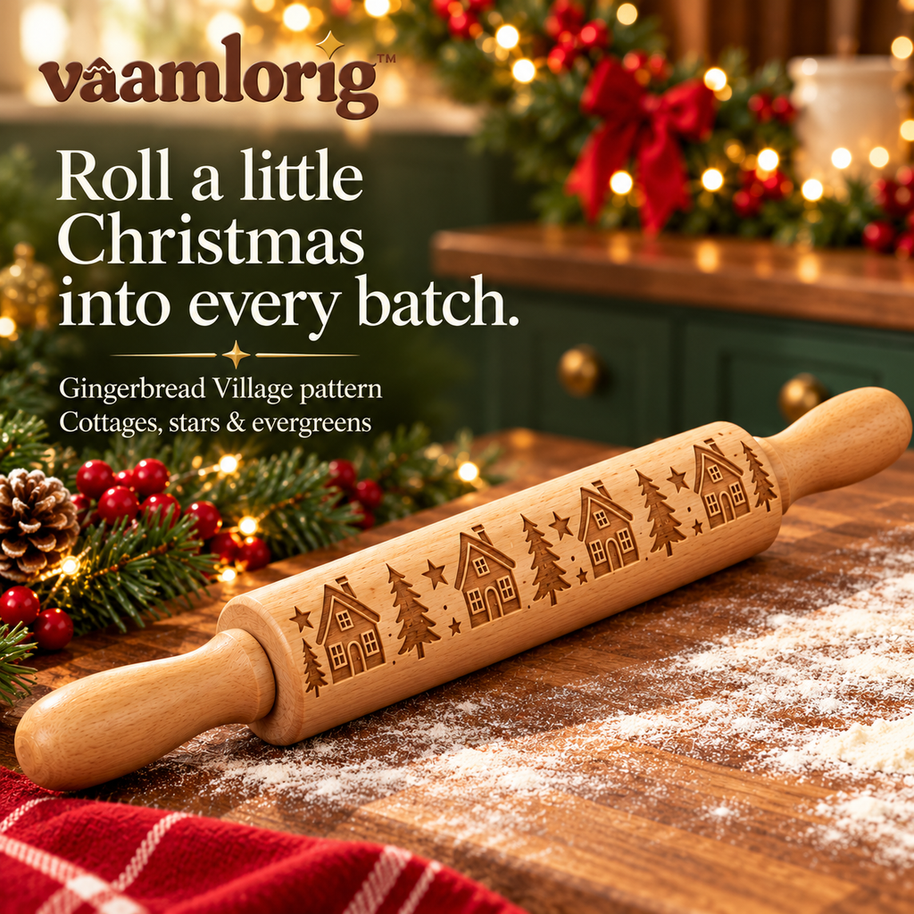 vaamlorig™ Gingerbread Village Embossed Wooden Rolling Pin, 14-Inch Christmas Cookie Dough Roller with House & Star Pattern