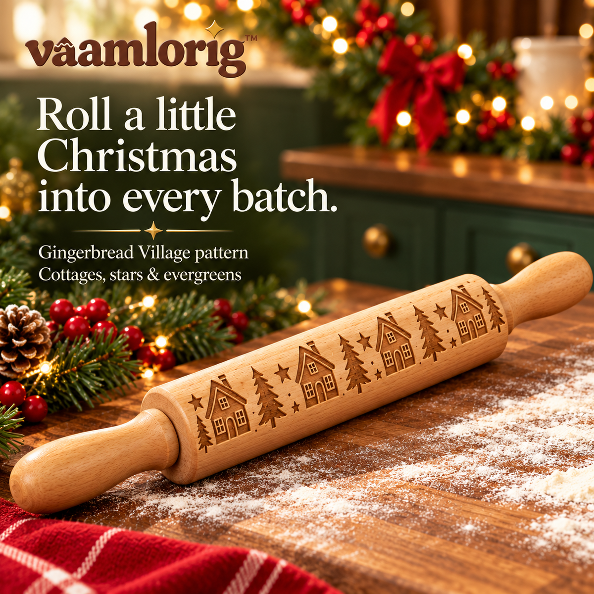 vaamlorig™ Gingerbread Village Embossed Wooden Rolling Pin, 14-Inch Christmas Cookie Dough Roller with House & Star Pattern