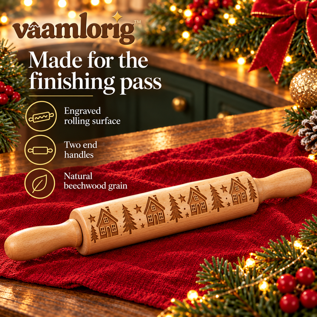 vaamlorig™ Gingerbread Village Embossed Wooden Rolling Pin, 14-Inch Christmas Cookie Dough Roller with House & Star Pattern