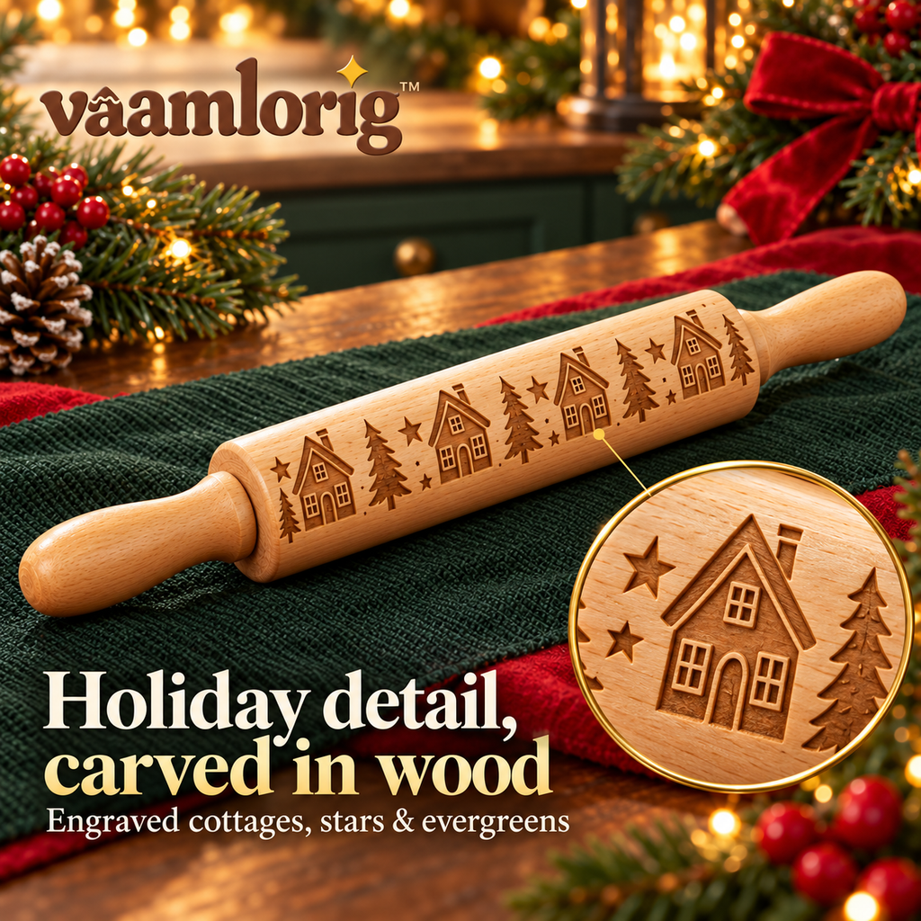 vaamlorig™ Gingerbread Village Embossed Wooden Rolling Pin, 14-Inch Christmas Cookie Dough Roller with House & Star Pattern