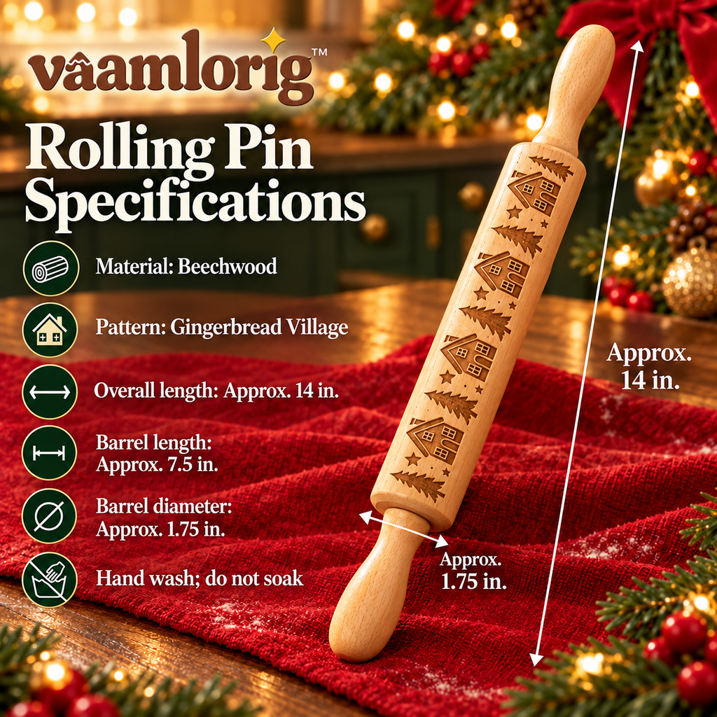 vaamlorig™ Gingerbread Village Embossed Wooden Rolling Pin, 14-Inch Christmas Cookie Dough Roller with House & Star Pattern