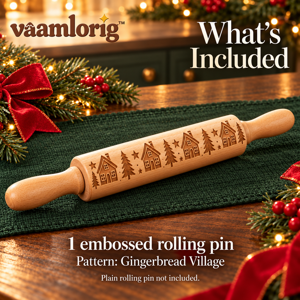 vaamlorig™ Gingerbread Village Embossed Wooden Rolling Pin, 14-Inch Christmas Cookie Dough Roller with House & Star Pattern