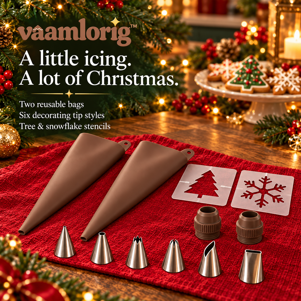 vaamlorig™ 12-Piece Christmas Cookie Decorating Kit, Reusable Piping Bags, Stainless Steel Icing Tips & Holiday Stencils