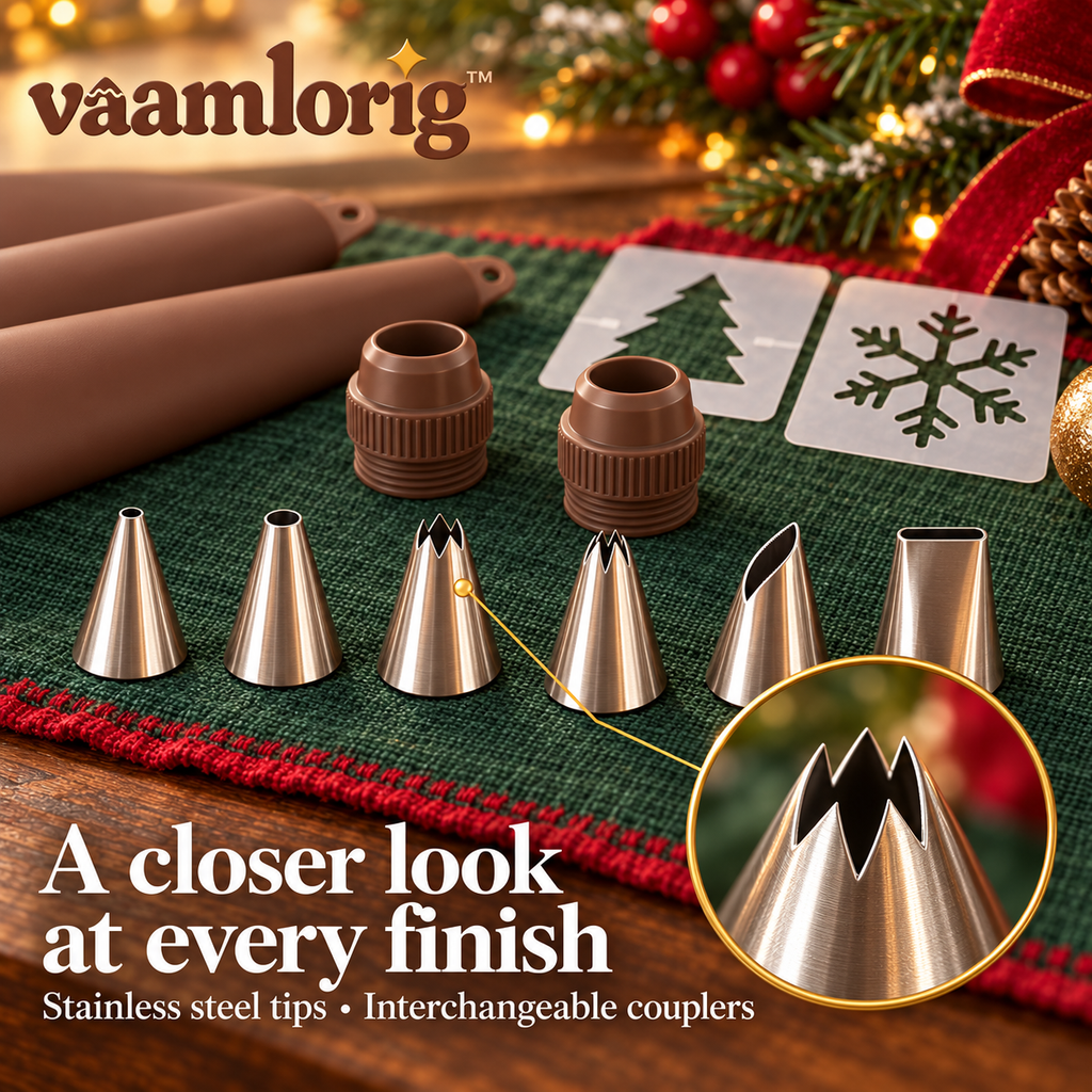 vaamlorig™ 12-Piece Christmas Cookie Decorating Kit, Reusable Piping Bags, Stainless Steel Icing Tips & Holiday Stencils