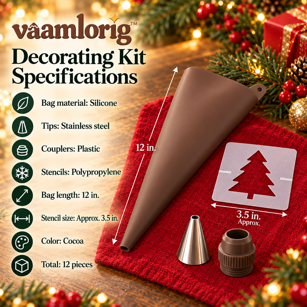 vaamlorig™ 12-Piece Christmas Cookie Decorating Kit, Reusable Piping Bags, Stainless Steel Icing Tips & Holiday Stencils