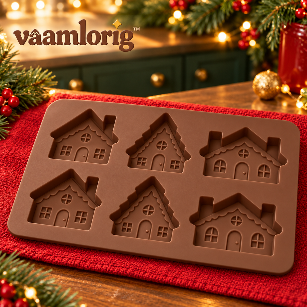 vaamlorig™ 6-Cavity Gingerbread Village Silicone Baking Mold, Mini Christmas House Cake & Brownie Pan