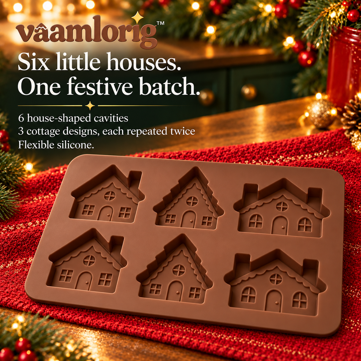 vaamlorig™ 6-Cavity Gingerbread Village Silicone Baking Mold, Mini Christmas House Cake & Brownie Pan