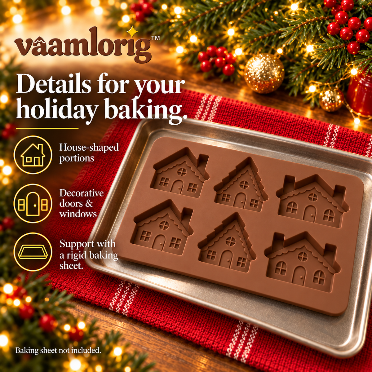 vaamlorig™ 6-Cavity Gingerbread Village Silicone Baking Mold, Mini Christmas House Cake & Brownie Pan