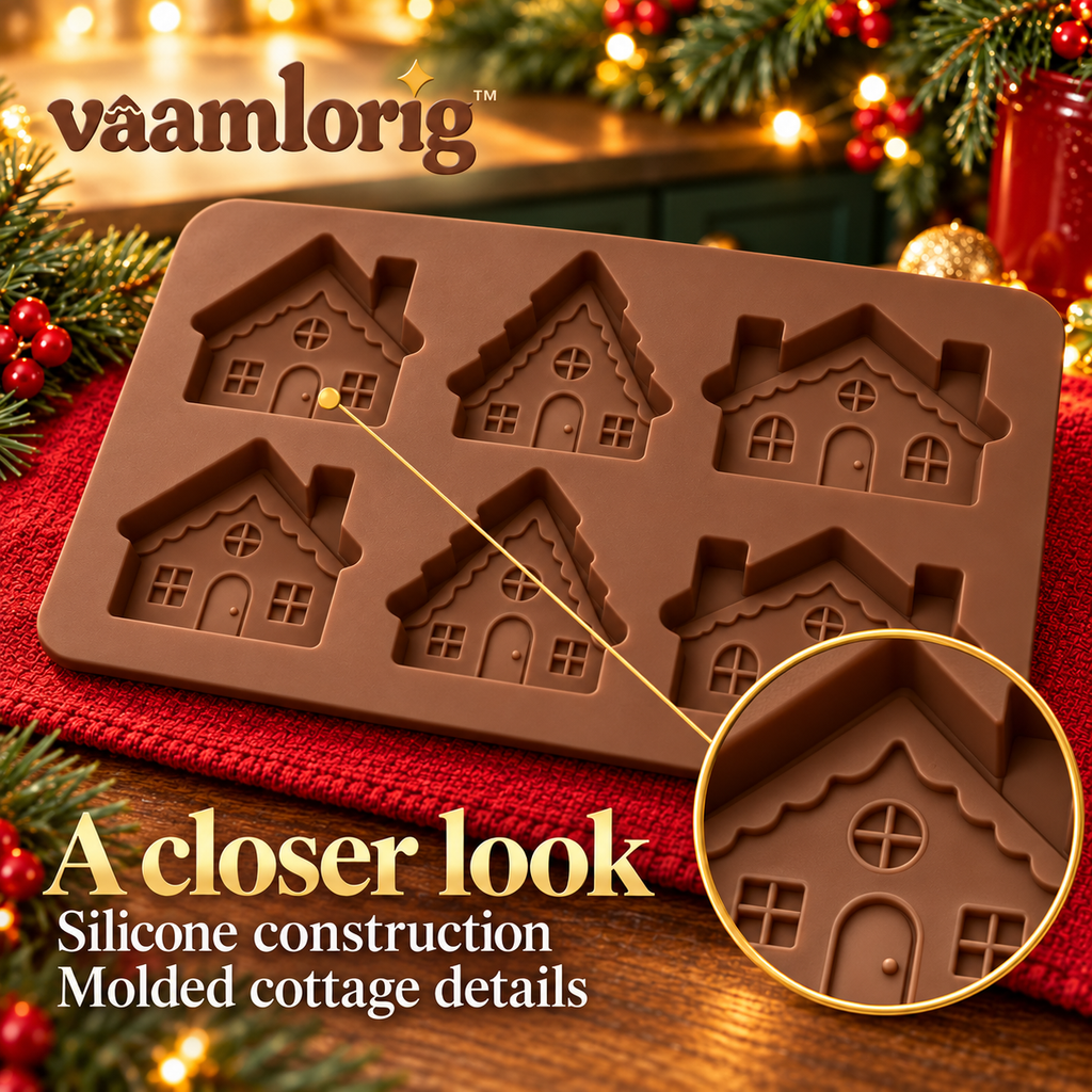 vaamlorig™ 6-Cavity Gingerbread Village Silicone Baking Mold, Mini Christmas House Cake & Brownie Pan