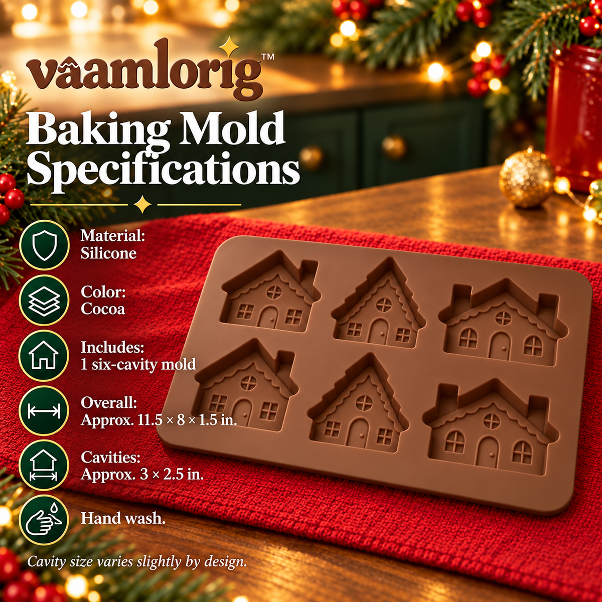 vaamlorig™ 6-Cavity Gingerbread Village Silicone Baking Mold, Mini Christmas House Cake & Brownie Pan