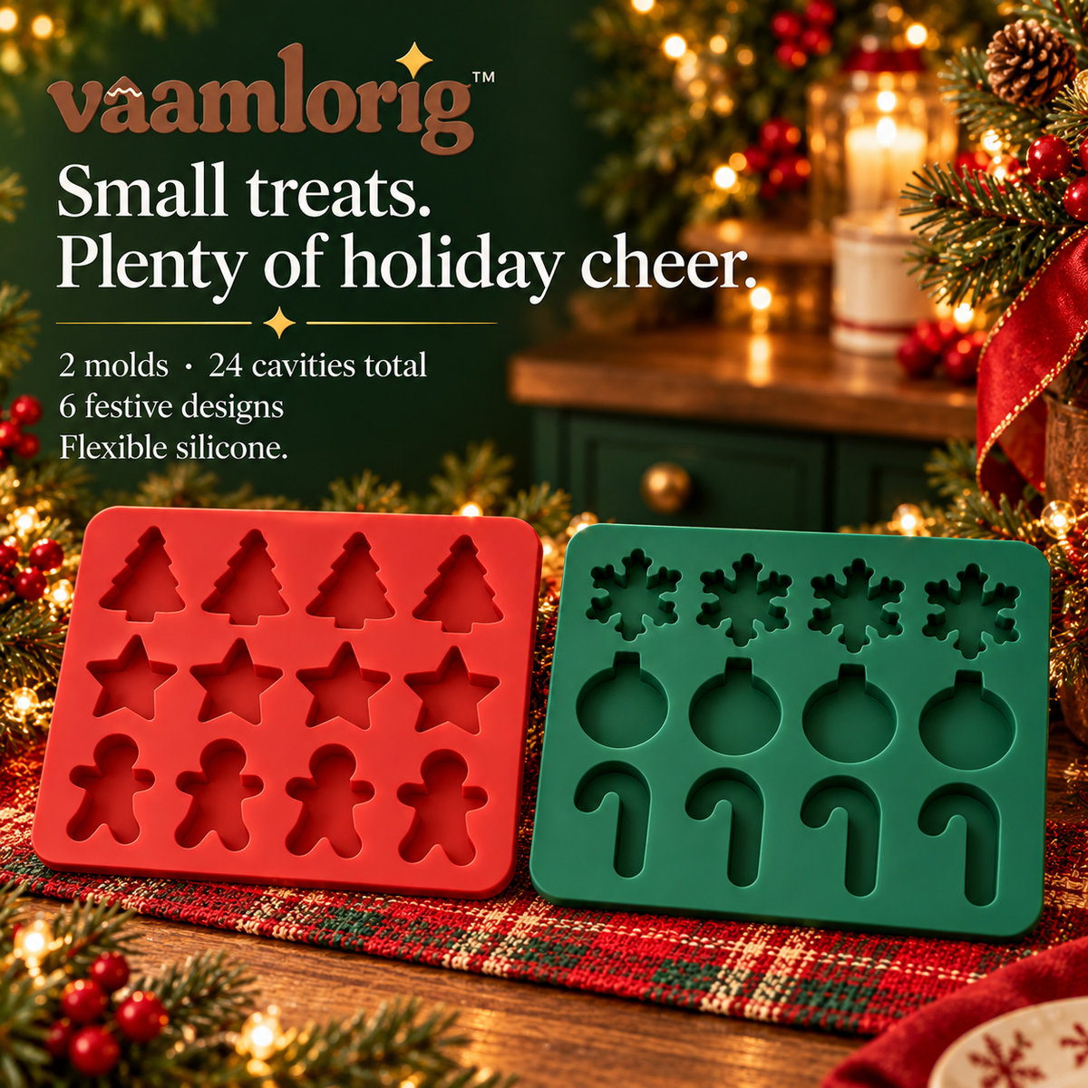vaamlorig™ Christmas Silicone Chocolate & Candy Mold Set, 2-Pack 12-Cavity Holiday Shapes for Homemade Treats