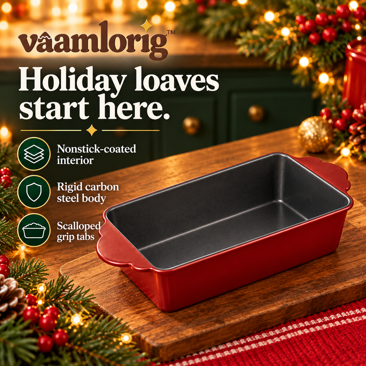 vaamlorig™ 9 × 5-Inch Nonstick Holiday Loaf Pan, Carbon Steel Bread & Pound Cake Pan with Scalloped Grip Tabs
