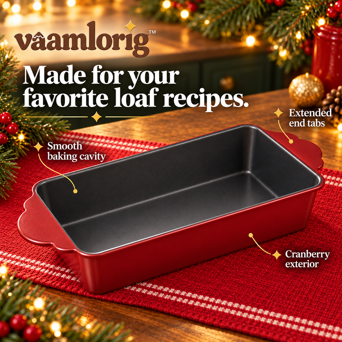 vaamlorig™ 9 × 5-Inch Nonstick Holiday Loaf Pan, Carbon Steel Bread & Pound Cake Pan with Scalloped Grip Tabs