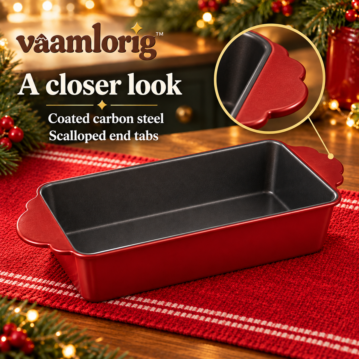 vaamlorig™ 9 × 5-Inch Nonstick Holiday Loaf Pan, Carbon Steel Bread & Pound Cake Pan with Scalloped Grip Tabs